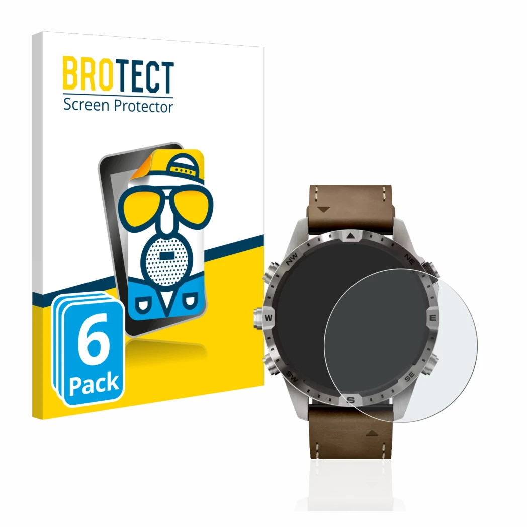 Front side of a product packaging with the brand logo BROTECT. Next to it is the device Garmin Marq Adventurer (Gen 2) shown w
