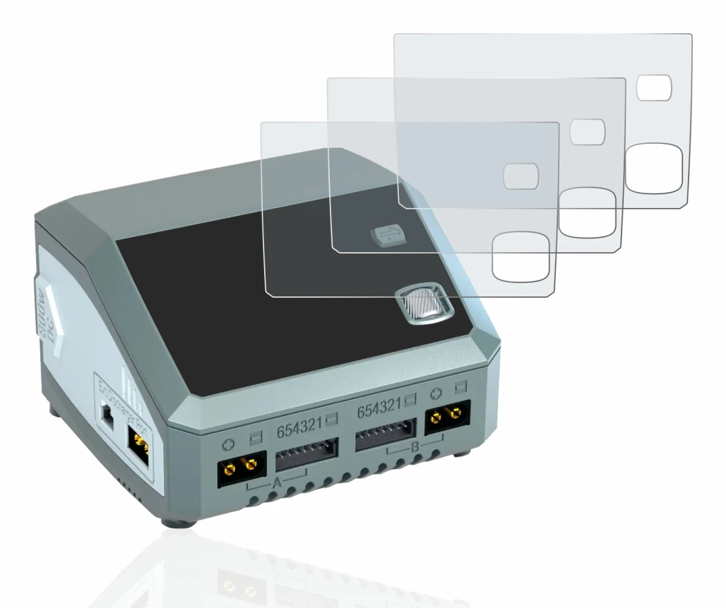 Image of the device SkyRc D200 neo with a wide variety of screen protectors.