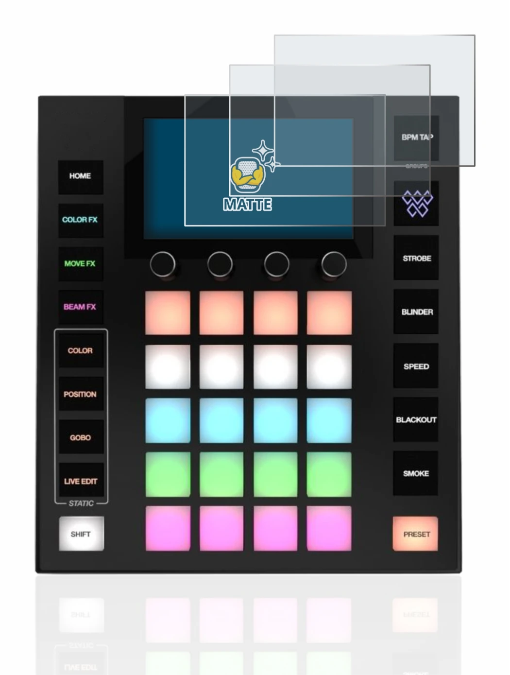 Image of the device Wolfmix W1 with a wide variety of screen protectors.