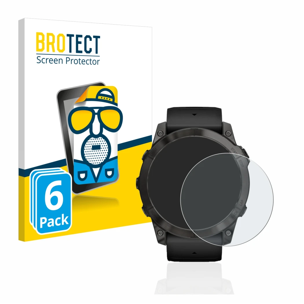Front side of a product packaging with the brand logo BROTECT. Next to it is the device Garmin Epix Pro (Gen 2) (51 mm) shown 