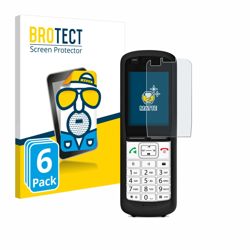 Front side of a product packaging with the brand logo BROTECT. Next to it is the device Unify OpenScape DECT Phone R6 shown wi
