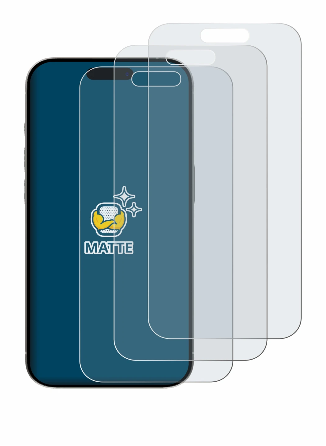 Image of the device Apple iPhone 15 with a wide variety of screen protectors.