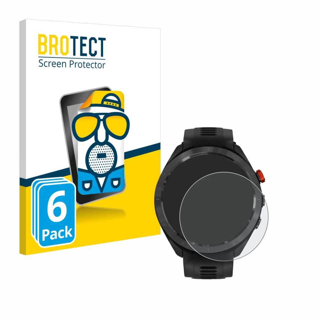 Front side of a product packaging with the brand logo BROTECT. Next to it is the device Garmin Approach S70 (47 mm) shown with