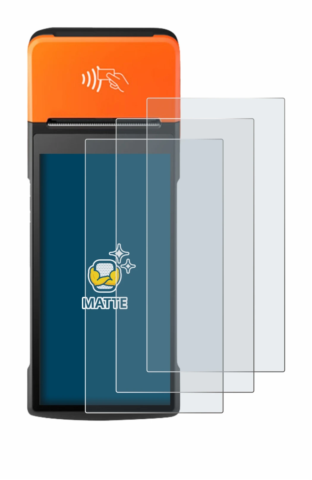 Image of the device Sunmi V2 Pro with a wide variety of screen protectors.
