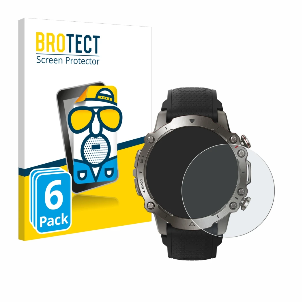 Front side of a product packaging with the brand logo BROTECT. Next to it is the device Huami Amazfit Falcon shown with the co