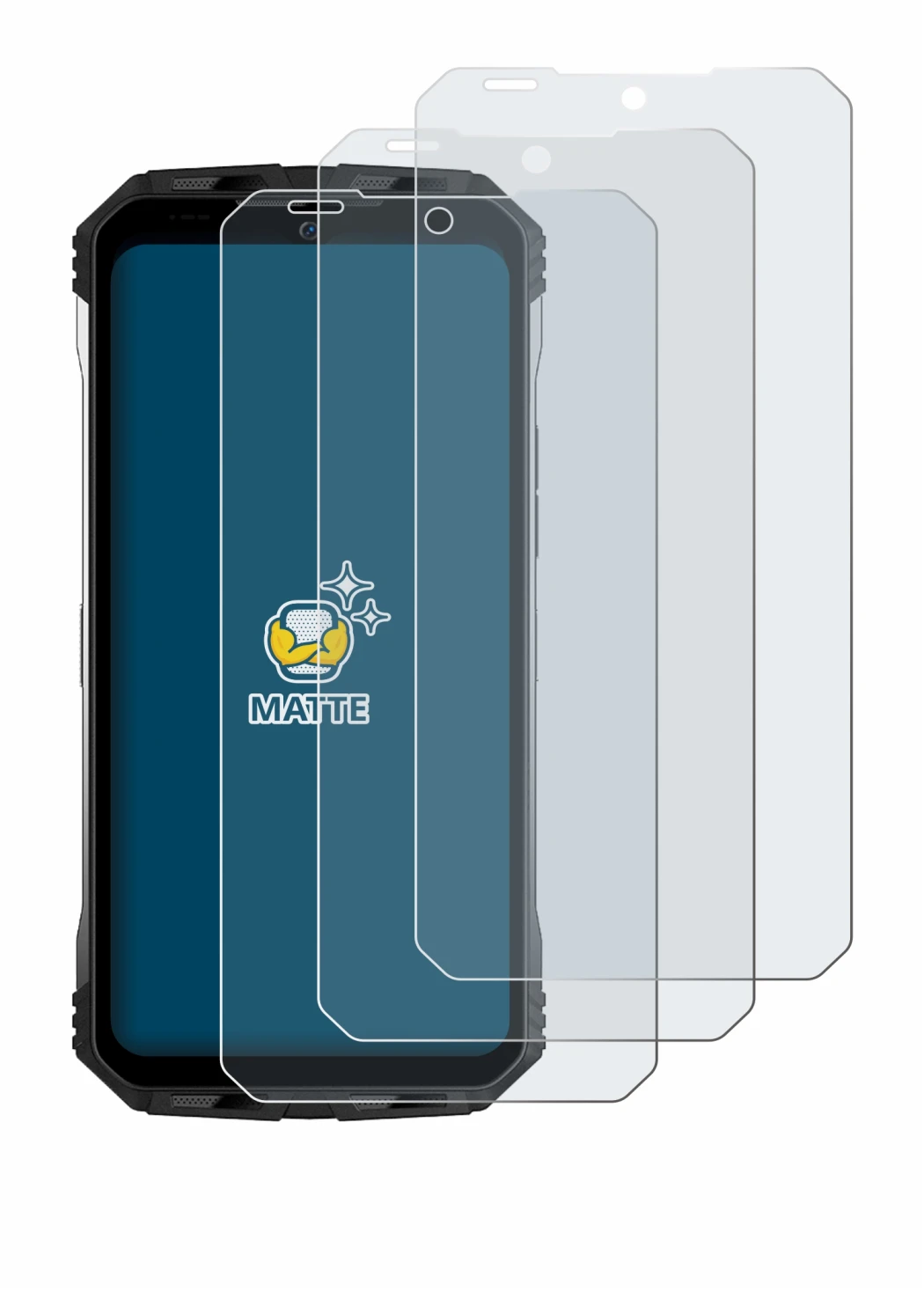 Image of the device Doogee S100 Pro with a wide variety of screen protectors.