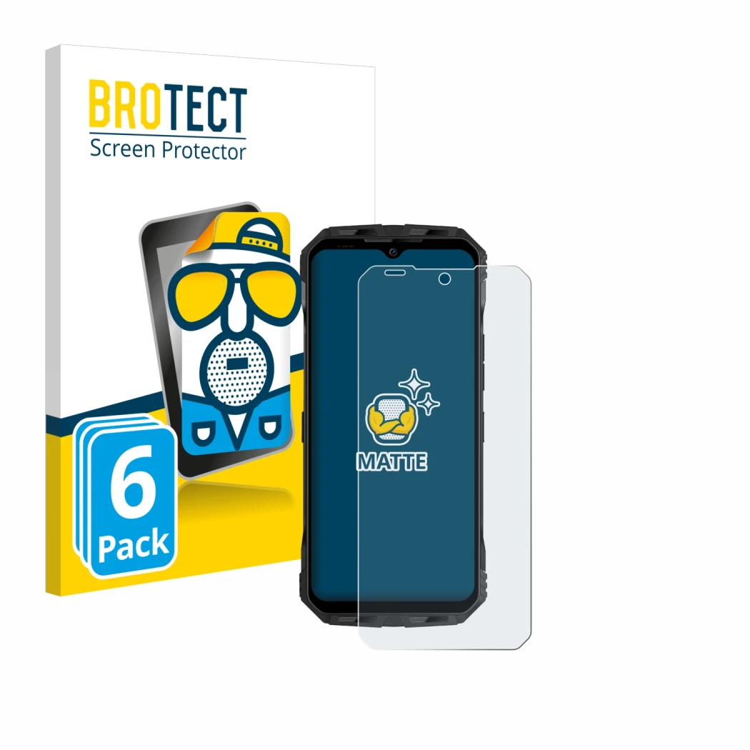 Front side of a product packaging with the brand logo BROTECT. Next to it is the device Doogee V30T shown with the correspondi
