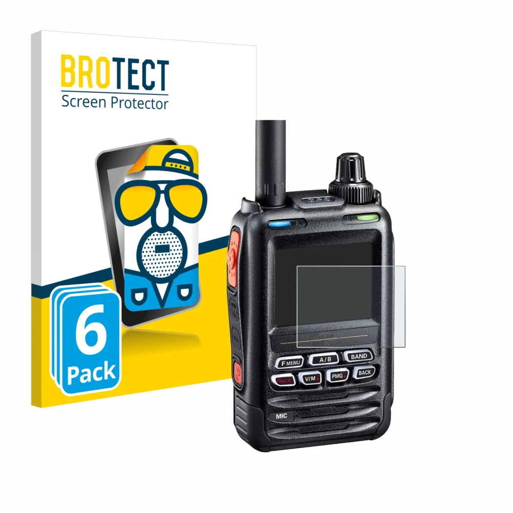 Front side of a product packaging with the brand logo BROTECT. Next to it is the device Yaesu FT-5DE/DR shown with the corresp
