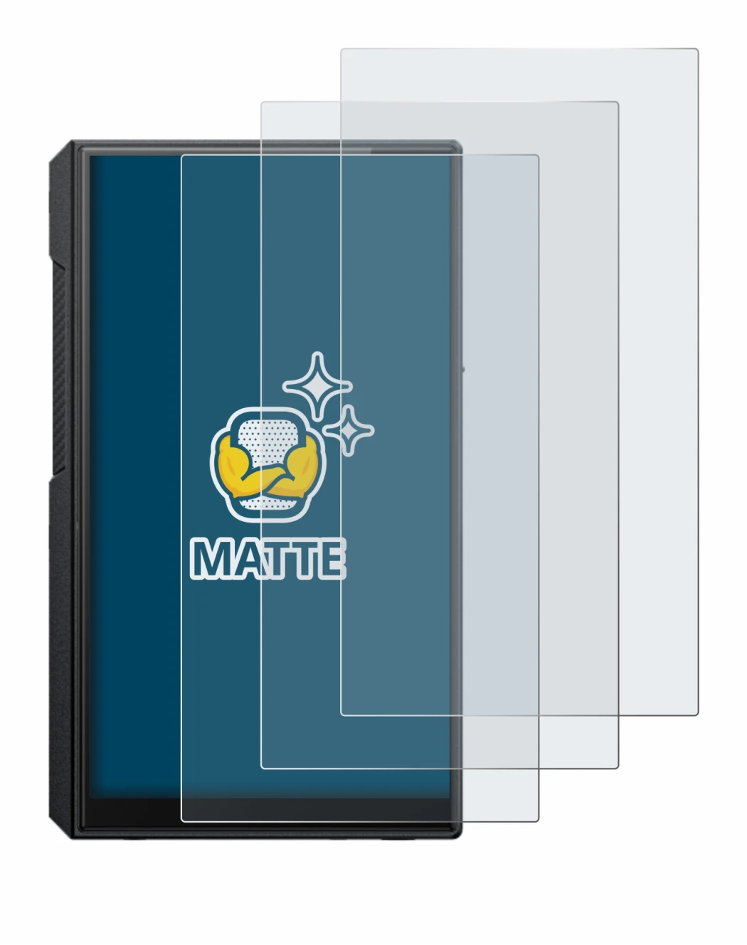 Image of the device FiiO M11s with a wide variety of screen protectors.