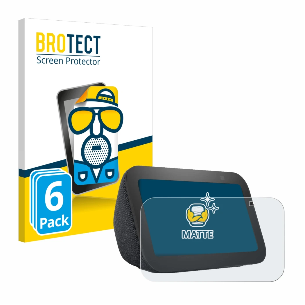 Front side of a product packaging with the brand logo BROTECT. Next to it is the device Amazon Echo Show 5 (3th Gen.) shown wi