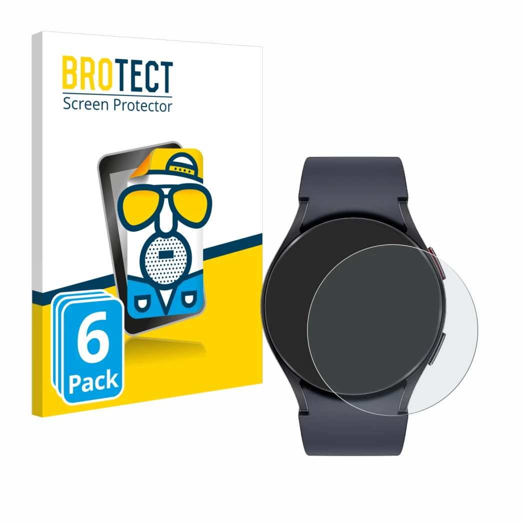 Front side of a product packaging with the brand logo BROTECT. Next to it is the device Samsung Galaxy Watch 6 (40 mm) shown w