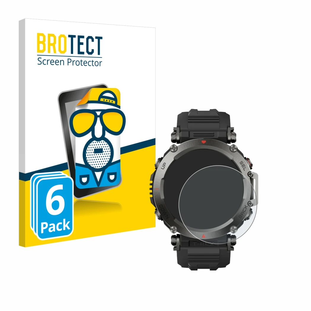 Front side of a product packaging with the brand logo BROTECT. Next to it is the device Huami Amazfit T-Rex Ultra shown with t