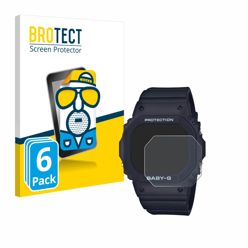 Front side of a product packaging with the brand logo BROTECT. Next to it is the device Casio Baby-G BGD-565 shown with the co