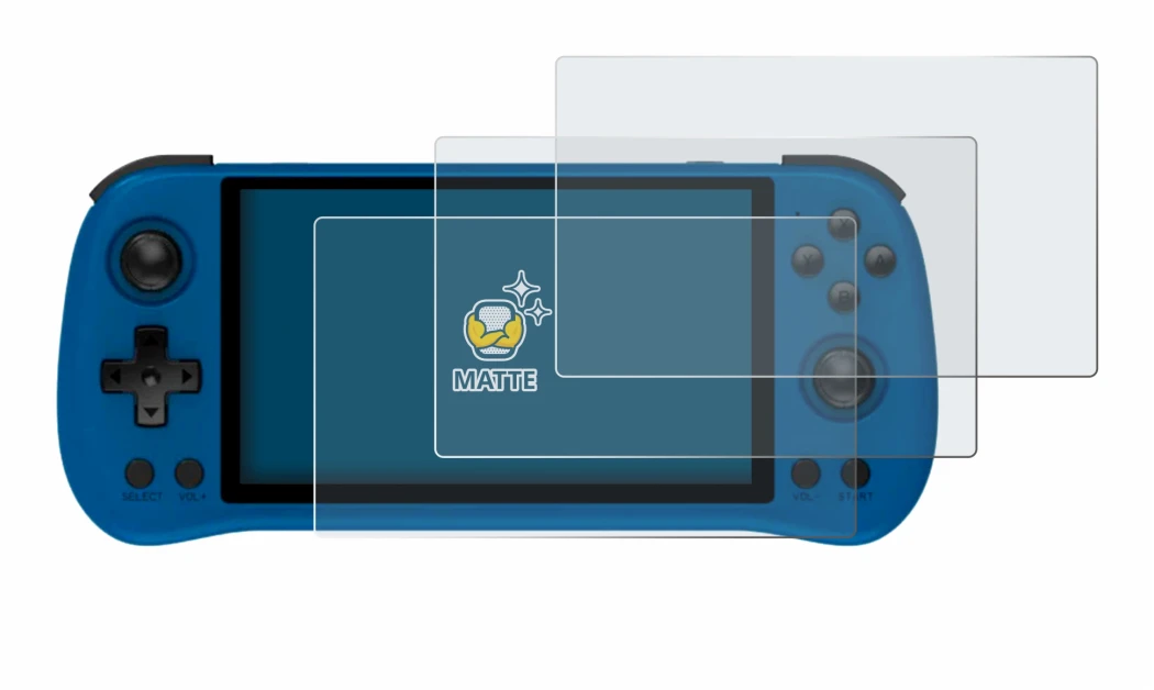 Image of the device Powkiddy X55 with a wide variety of screen protectors.