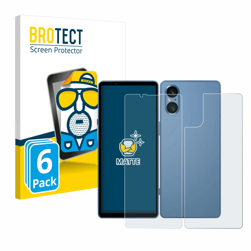 Front side of a product packaging with the brand logo BROTECT. Next to it is the device Sony Xperia 5 V (Front+Back) shown wit