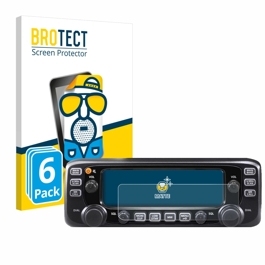 Front side of a product packaging with the brand logo BROTECT. Next to it is the device Icom IC-2730E shown with the correspon