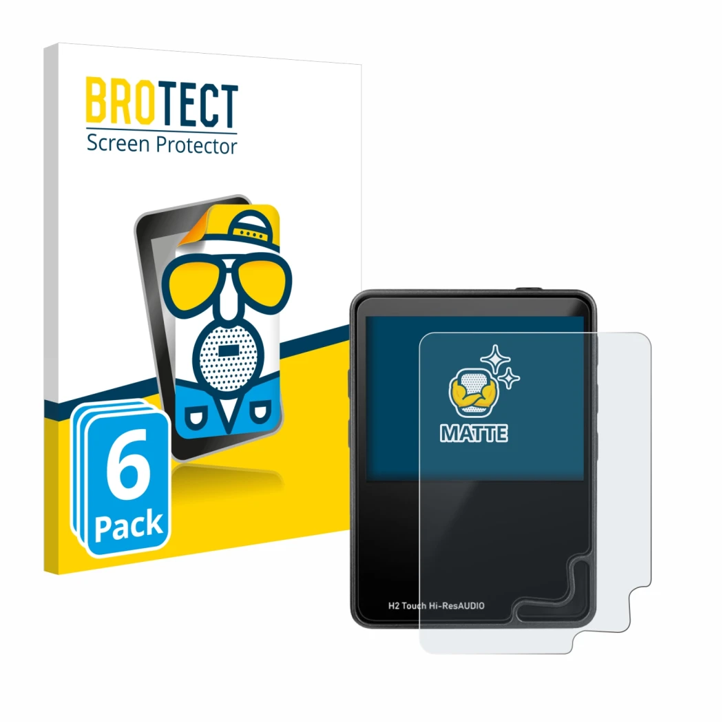 Front side of a product packaging with the brand logo BROTECT. Next to it is the device HifiWalker H2 touch shown with the cor