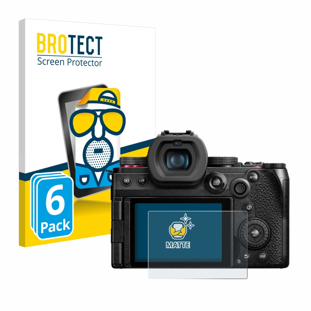Front side of a product packaging with the brand logo BROTECT. Next to it is the device Panasonic Lumix DC-G9 II shown with th