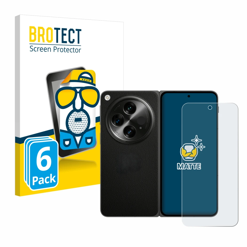 Front side of a product packaging with the brand logo BROTECT. Next to it is the device OnePlus Open shown with the correspond