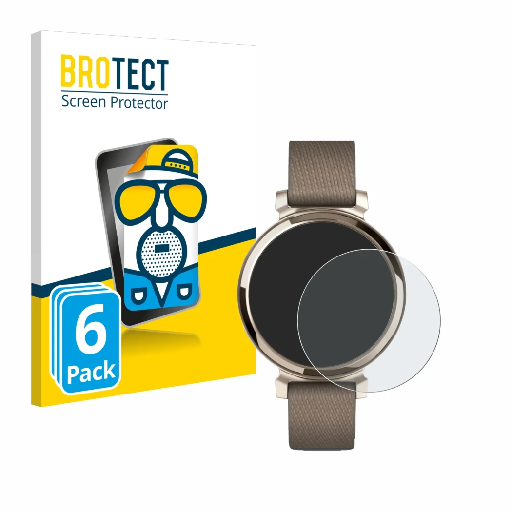 Front side of a product packaging with the brand logo BROTECT. Next to it is the device Garmin Lily 2 shown with the correspon