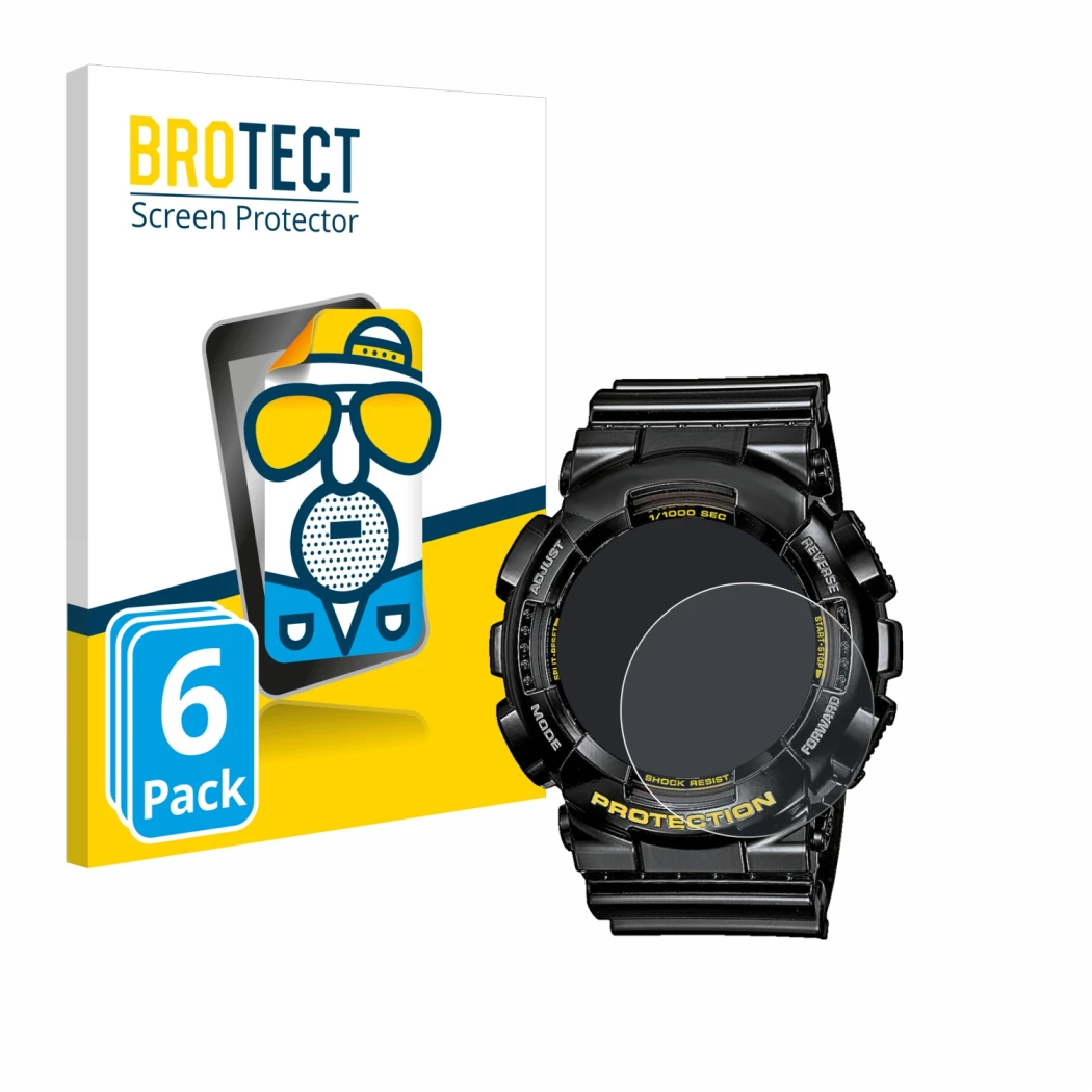 Front side of a product packaging with the brand logo BROTECT. Next to it is the device Casio G-Shock GA-110GB-1A shown with t