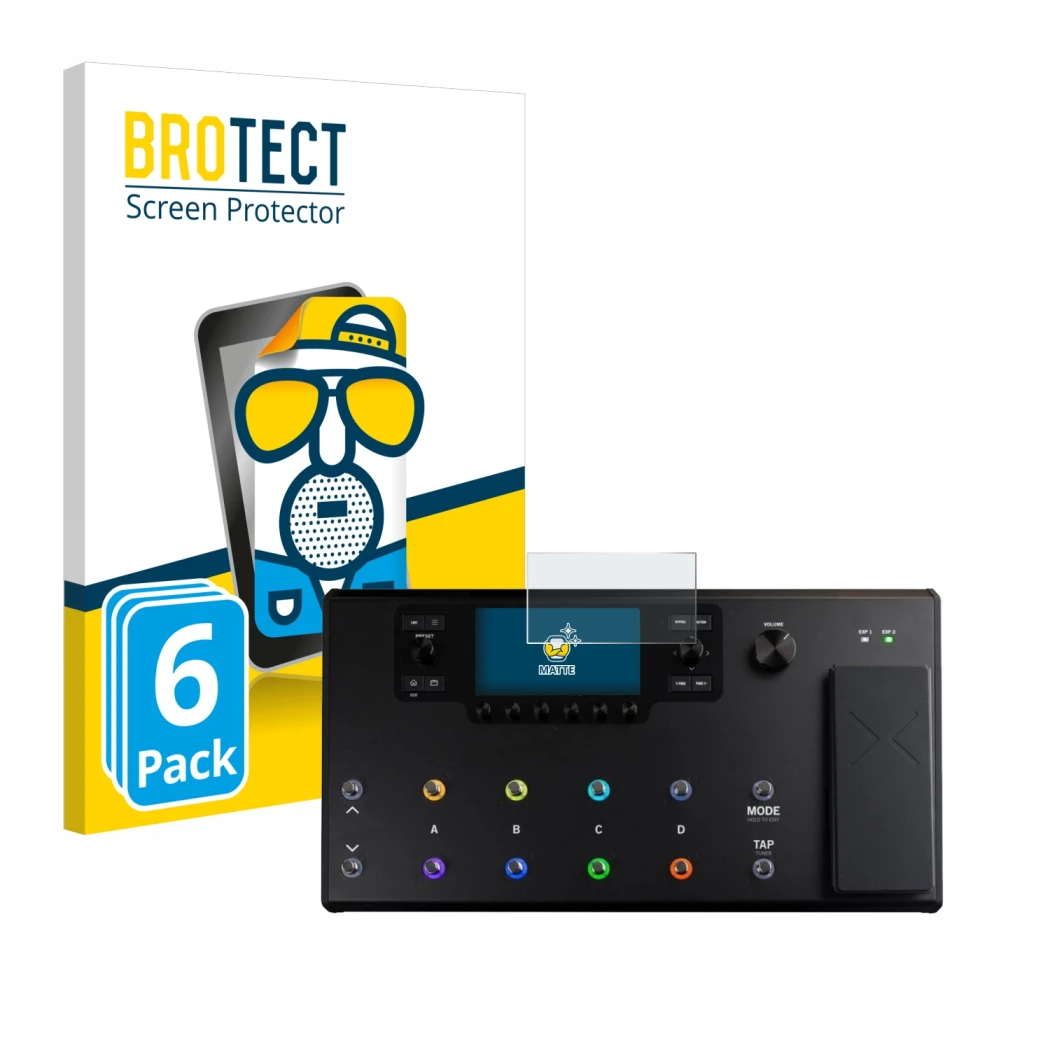 Front side of a product packaging with the brand logo BROTECT. Next to it is the device Line 6 Helix LT shown with the corresp