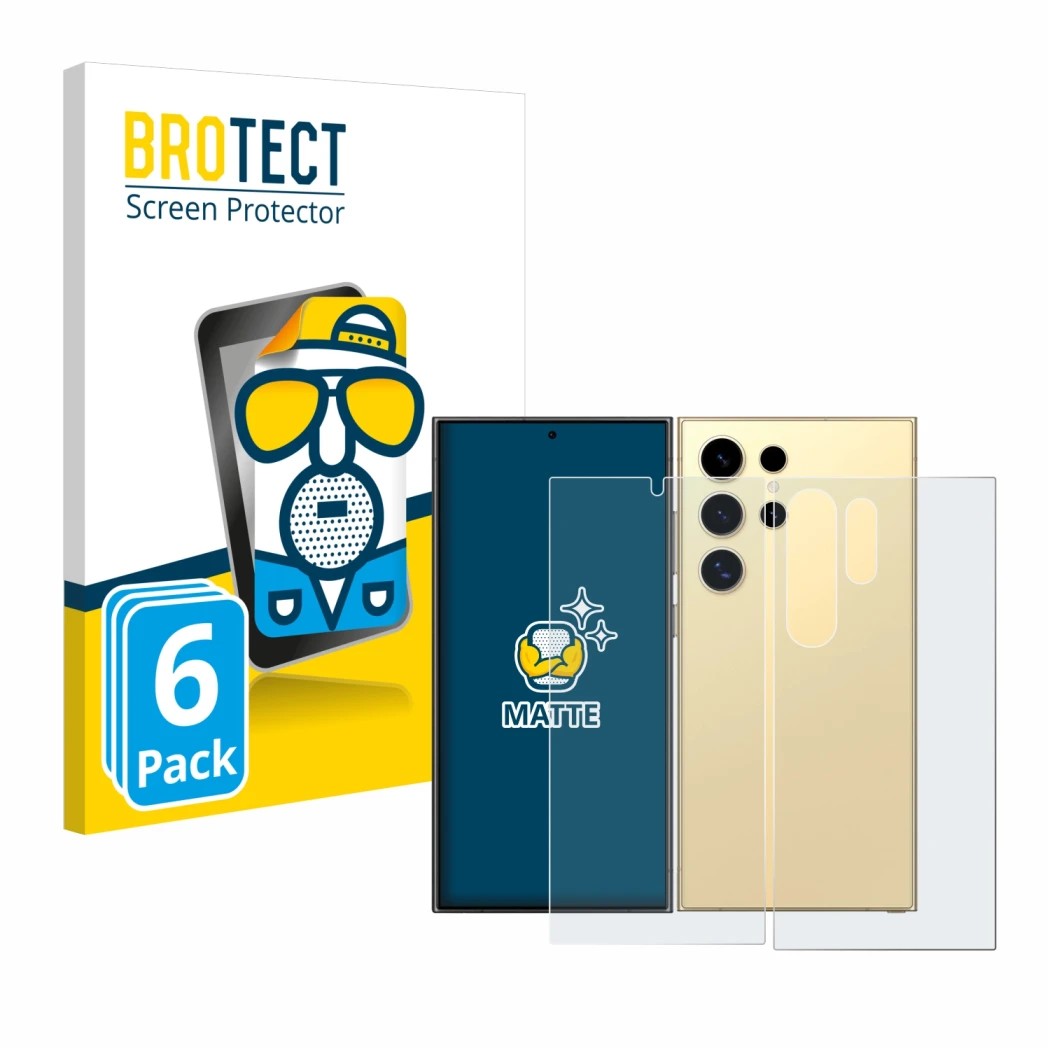 Front side of a product packaging with the brand logo BROTECT. Next to it is the device Samsung Galaxy S24 Ultra (case-friendl
