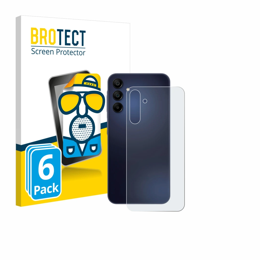 Front side of a product packaging with the brand logo BROTECT. Next to it is the device Samsung Galaxy A15 5G (Back) shown wit