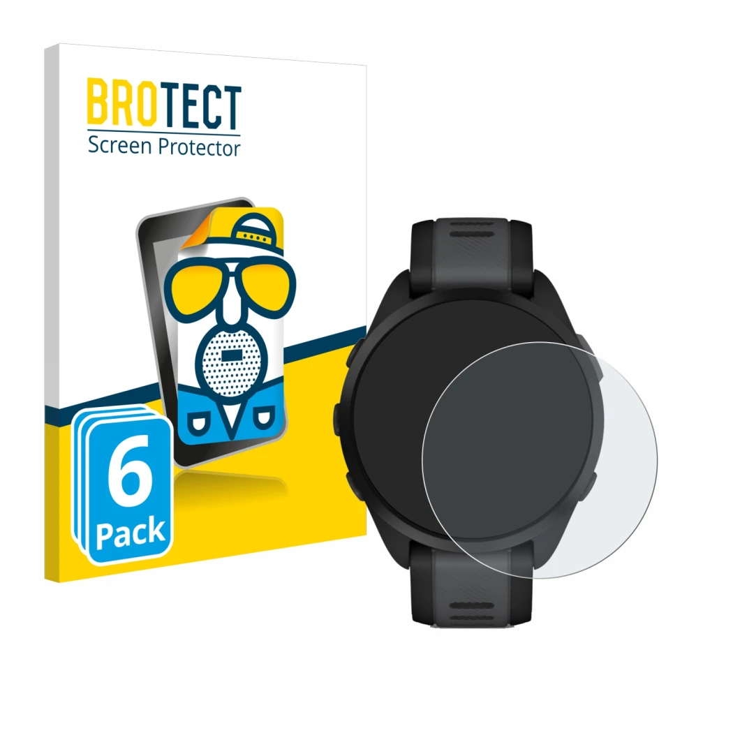 Front side of a product packaging with the brand logo BROTECT. Next to it is the device Garmin Forerunner 165 shown with the c