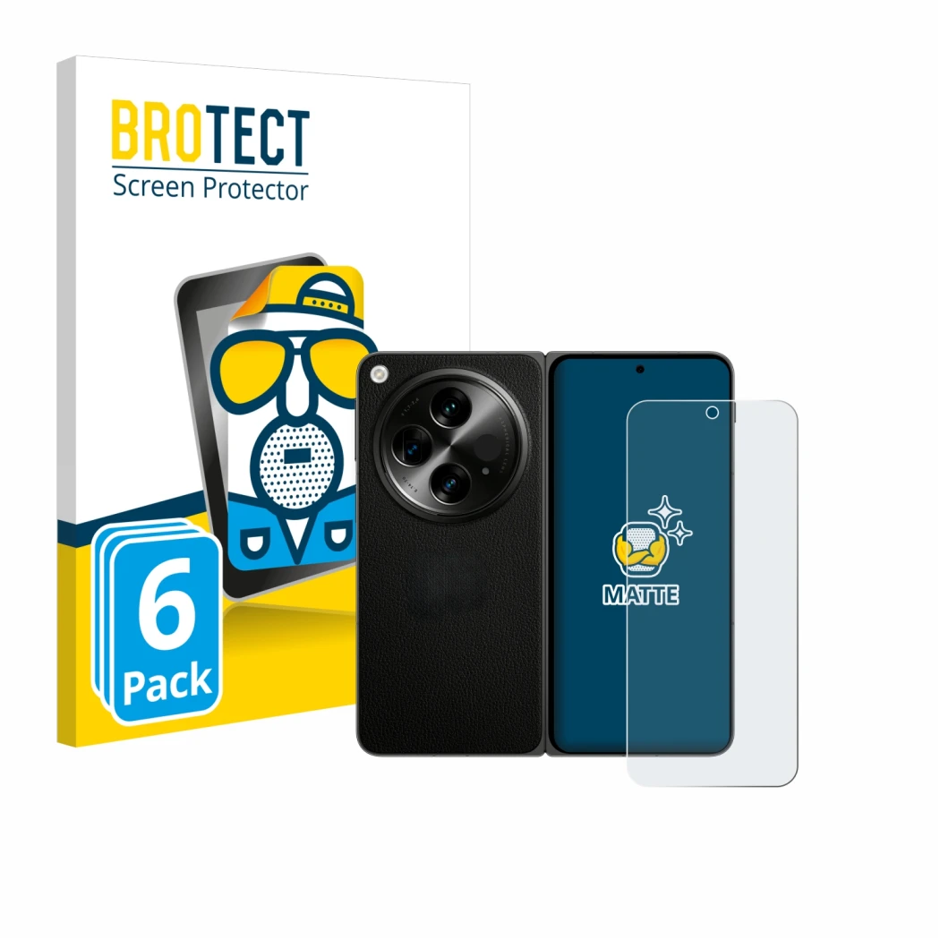 Front side of a product packaging with the brand logo BROTECT. Next to it is the device OnePlus Open (case-friendly) shown wit