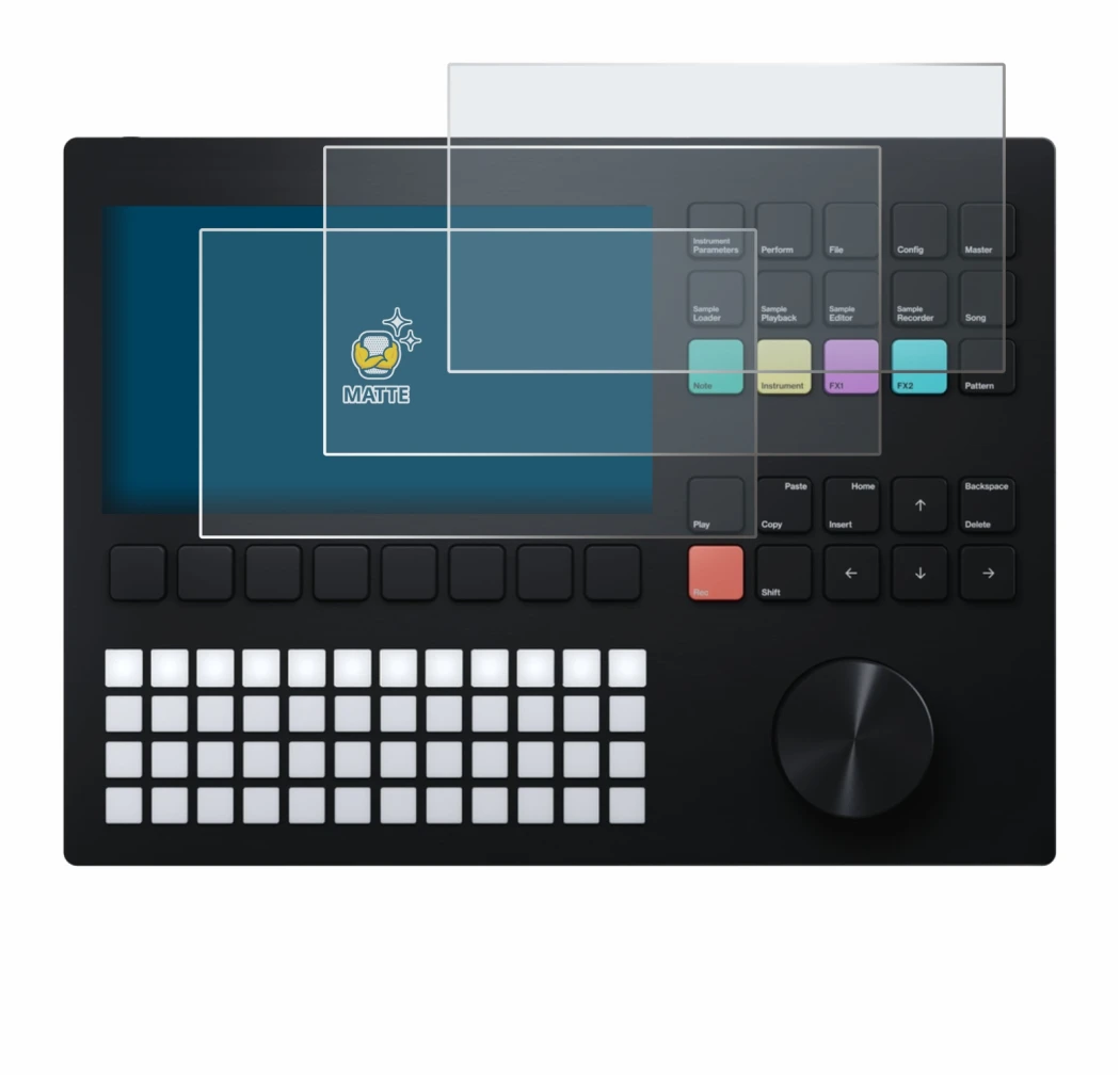 Image of the device Polyend Tracker with a wide variety of screen protectors.