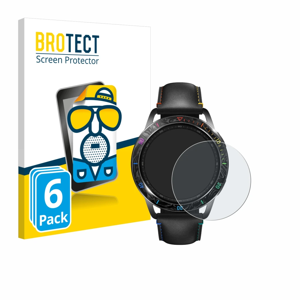 Front side of a product packaging with the brand logo BROTECT. Next to it is the device Xiaomi Watch S3 shown with the corresp