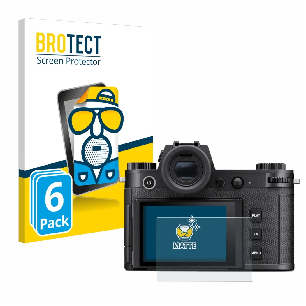 Front side of a product packaging with the brand logo BROTECT. Next to it is the device Leica SL3 shown with the corresponding