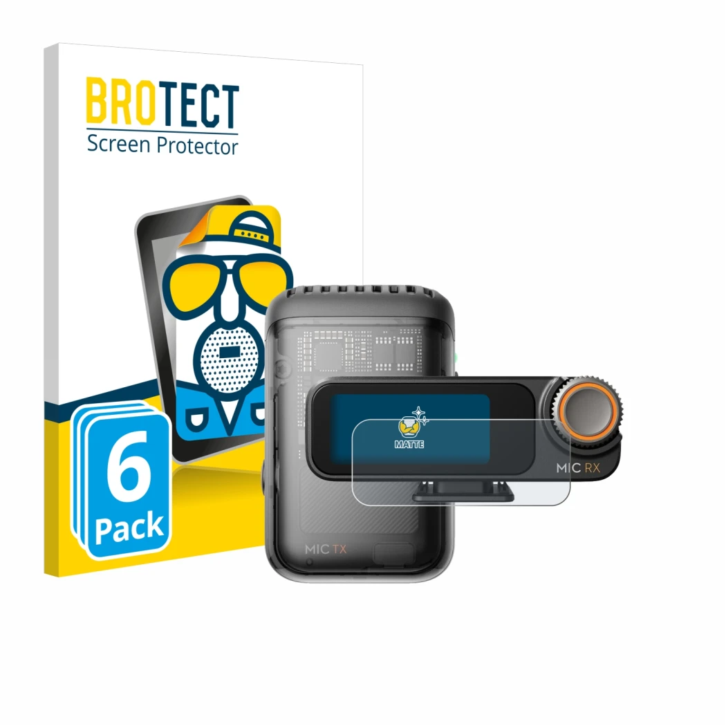Front side of a product packaging with the brand logo BROTECT. Next to it is the device DJI Mic 2 (Receiver) shown with the co