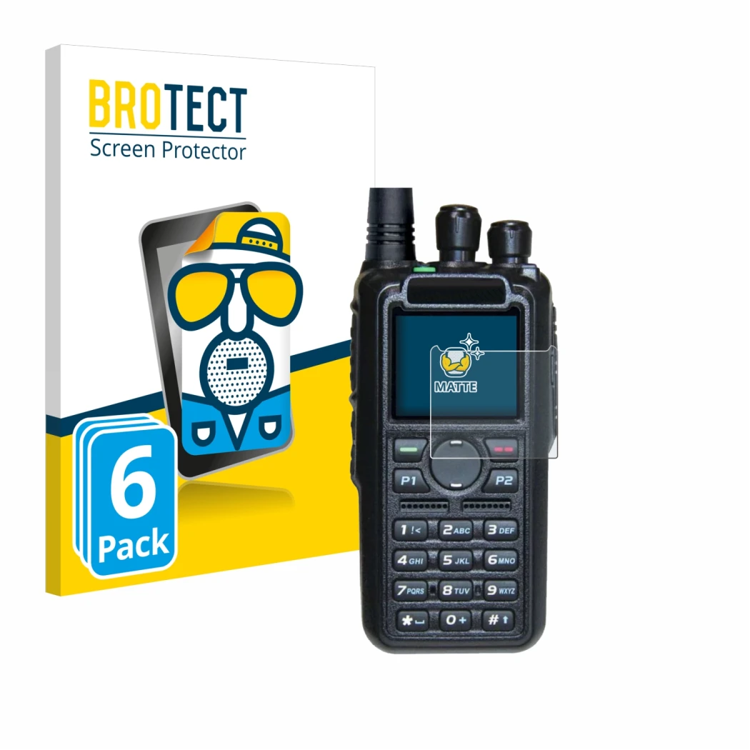 Front side of a product packaging with the brand logo BROTECT. Next to it is the device AnyTone AT-D878UV II Plus shown with t