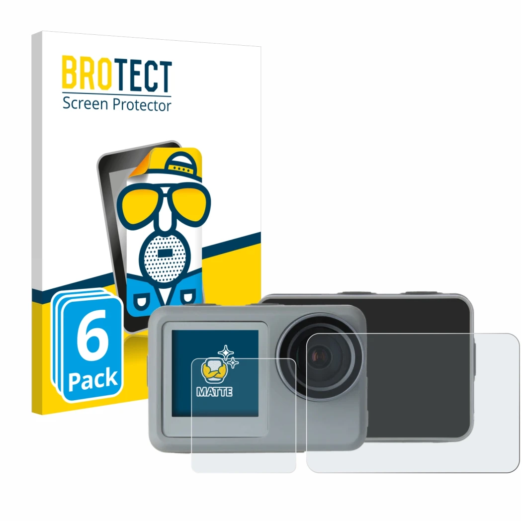 Front side of a product packaging with the brand logo BROTECT. Next to it is the device Rollei Actioncam 9s Plus shown with th