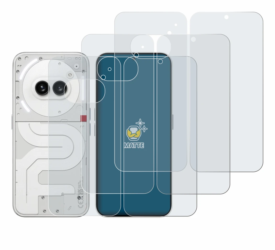 Image of the device Nothing Phone (2a) (Front+Back) with a wide variety of screen protectors.