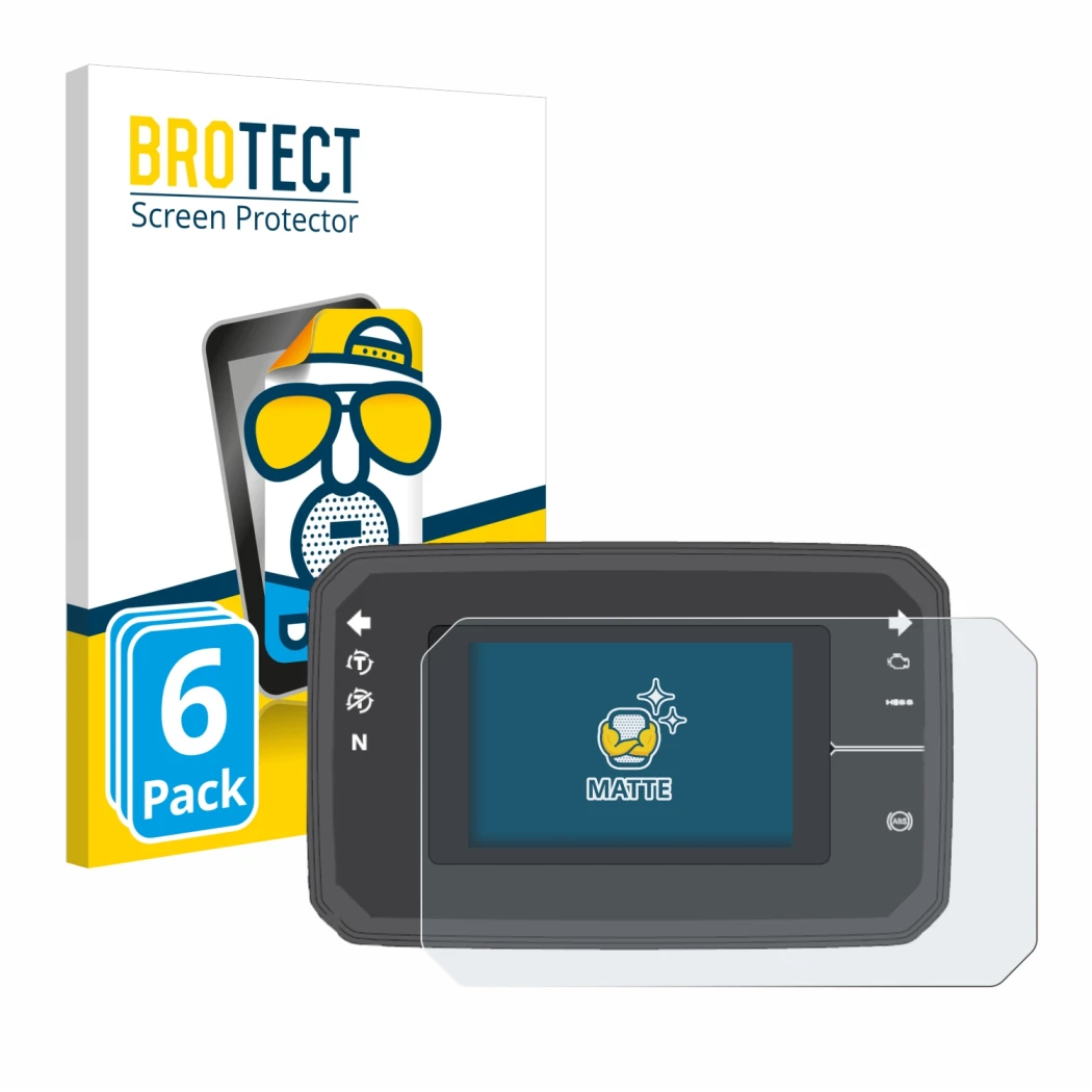 Front side of a product packaging with the brand logo BROTECT. Next to it is the device Honda CB650R TFT Display shown with th