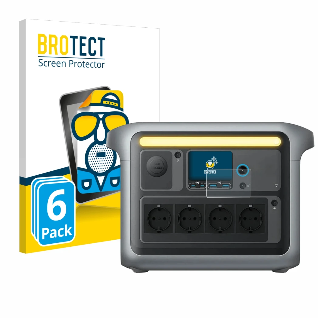 Front side of a product packaging with the brand logo BROTECT. Next to it is the device Anker SOLIX C1000X shown with the corr