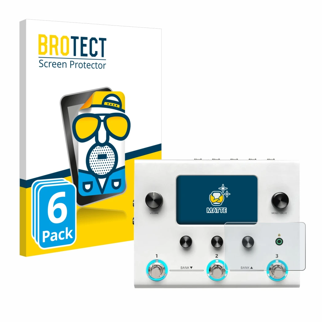 Front side of a product packaging with the brand logo BROTECT. Next to it is the device Hotone Ampero II Stomp shown with the 