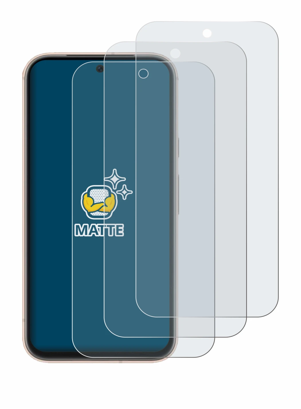 Image of the device Google Pixel 8a with a wide variety of screen protectors.