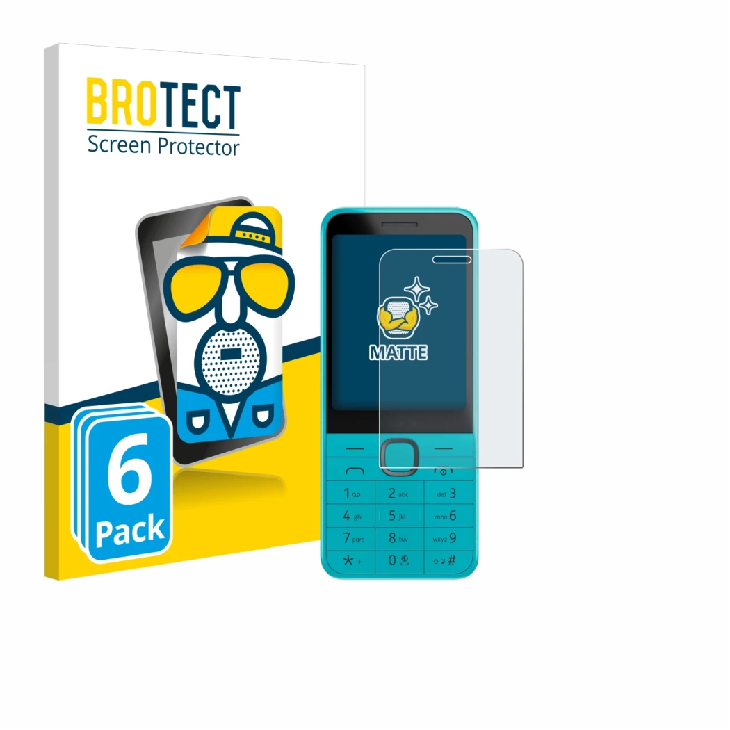 Front side of a product packaging with the brand logo BROTECT. Next to it is the device Nokia 235 4G (2024) shown with the cor