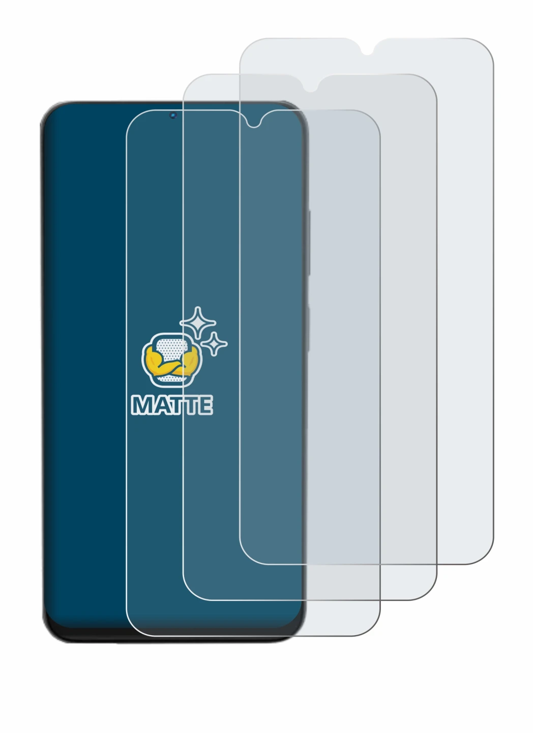 Image of the device Doogee N55 Pro with a wide variety of screen protectors.