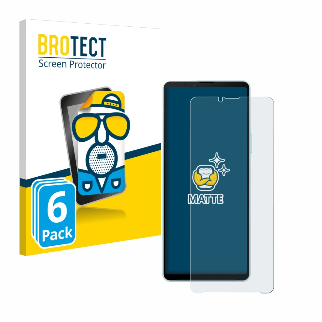 Front side of a product packaging with the brand logo BROTECT. Next to it is the device Sony Xperia 10 VI shown with the corre