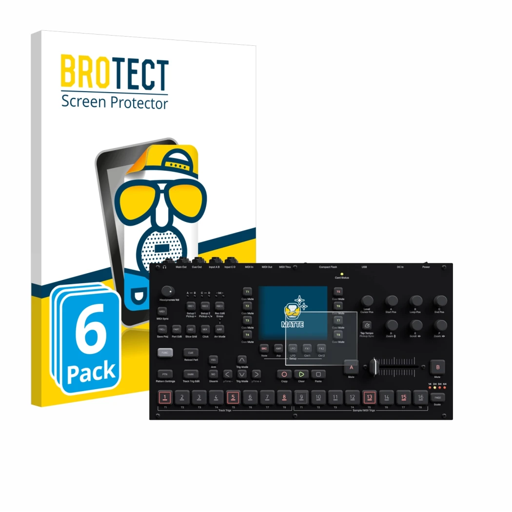 Front side of a product packaging with the brand logo BROTECT. Next to it is the device Elektron Octatrack MKII shown with the