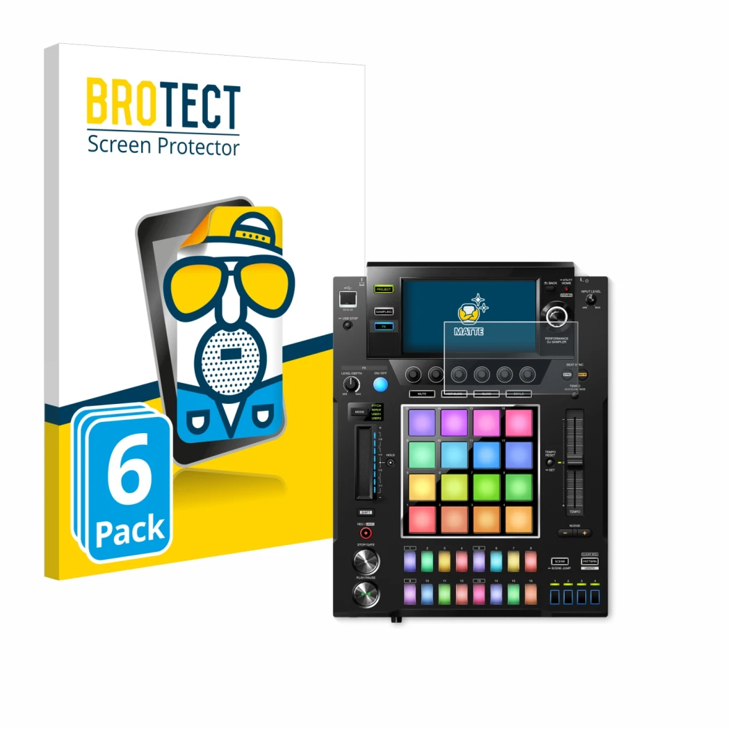 Front side of a product packaging with the brand logo BROTECT. Next to it is the device Pioneer DJS -1000 shown with the corre