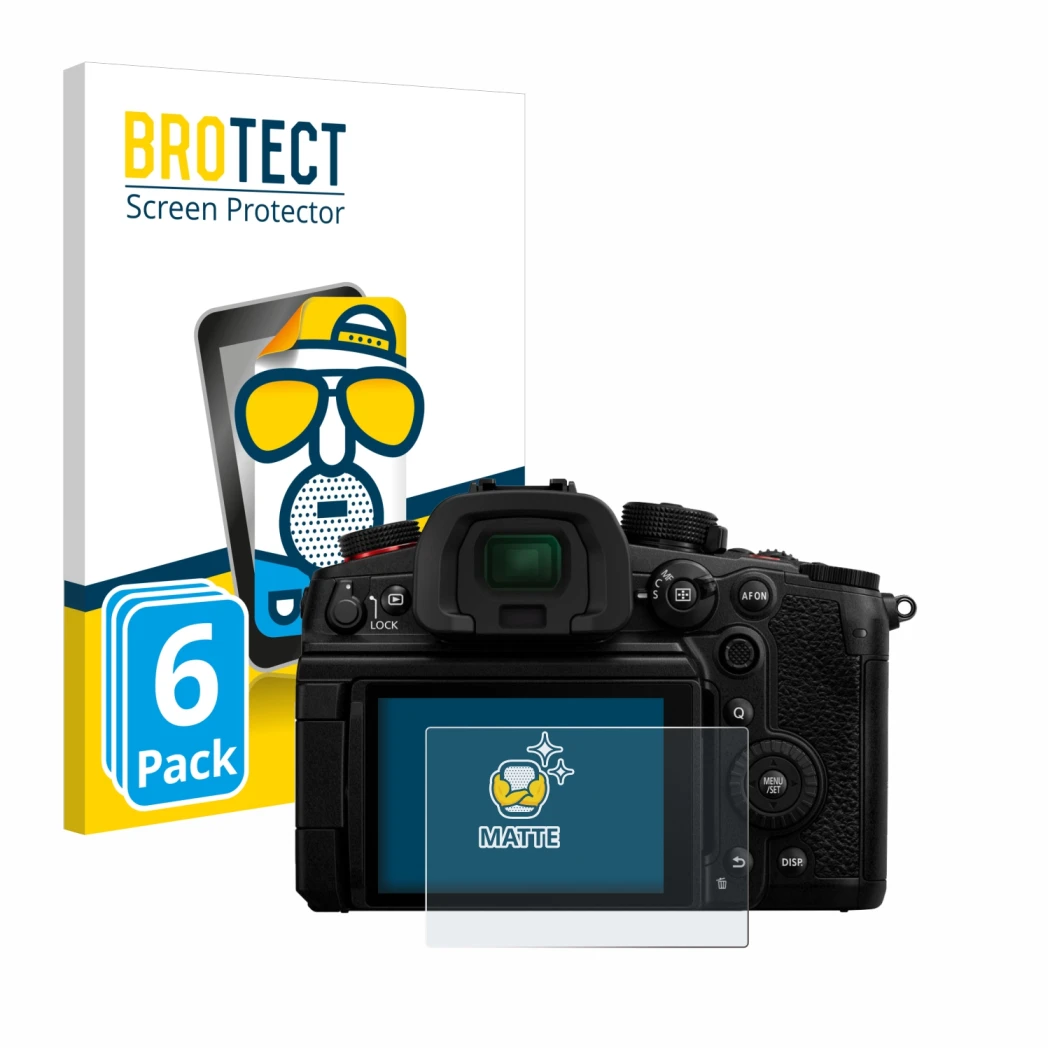 Front side of a product packaging with the brand logo BROTECT. Next to it is the device Panasonic Lumix DC-GH7 shown with the 