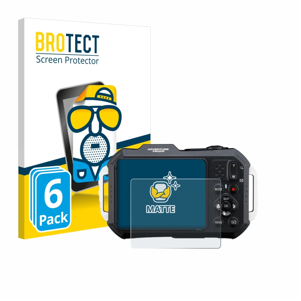 Front side of a product packaging with the brand logo BROTECT. Next to it is the device Ricoh Pentax WG-1000 shown with the co