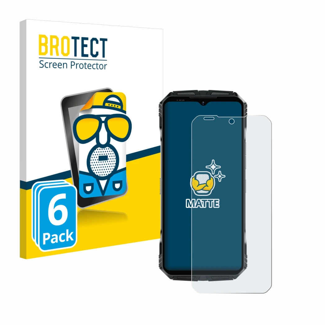Front side of a product packaging with the brand logo BROTECT. Next to it is the device Doogee S118 shown with the correspondi