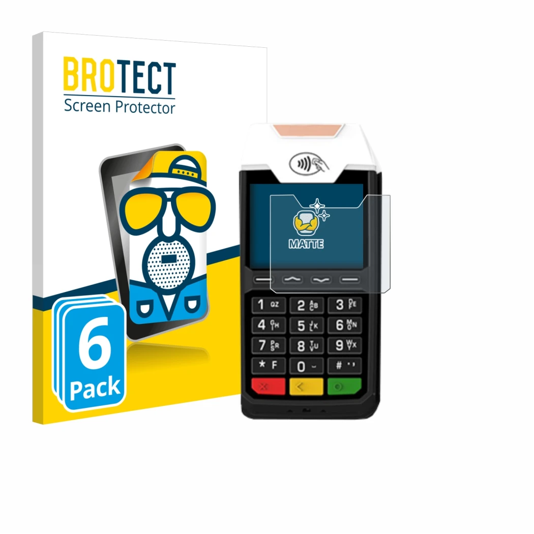 Front side of a product packaging with the brand logo BROTECT. Next to it is the device ingenico Tetra Lane/3600 shown with th